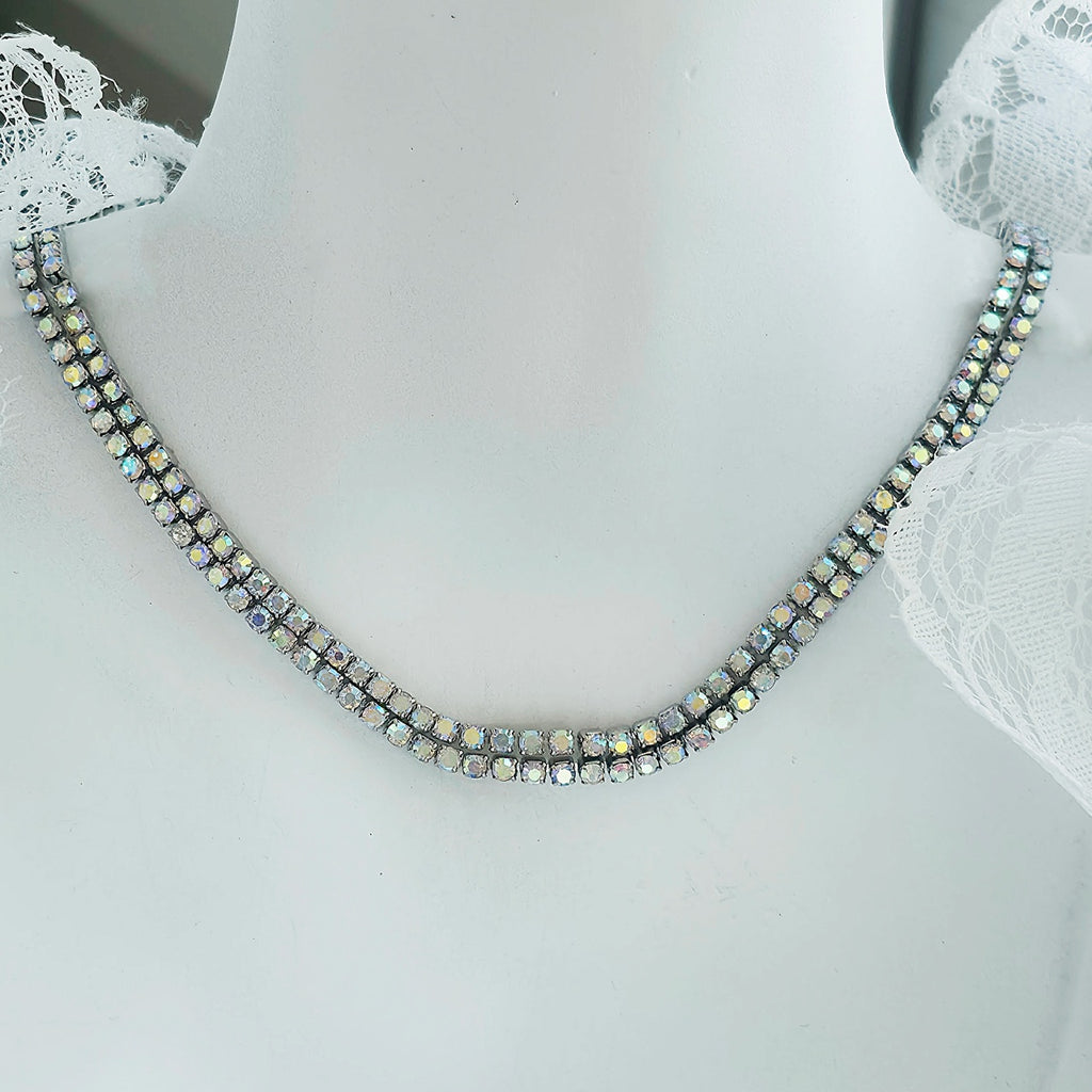 Colier Tennis Inox Argintiu Dublu cu Pietre Cameleon Aurora Borealis - Glamour - Hipoalergenic