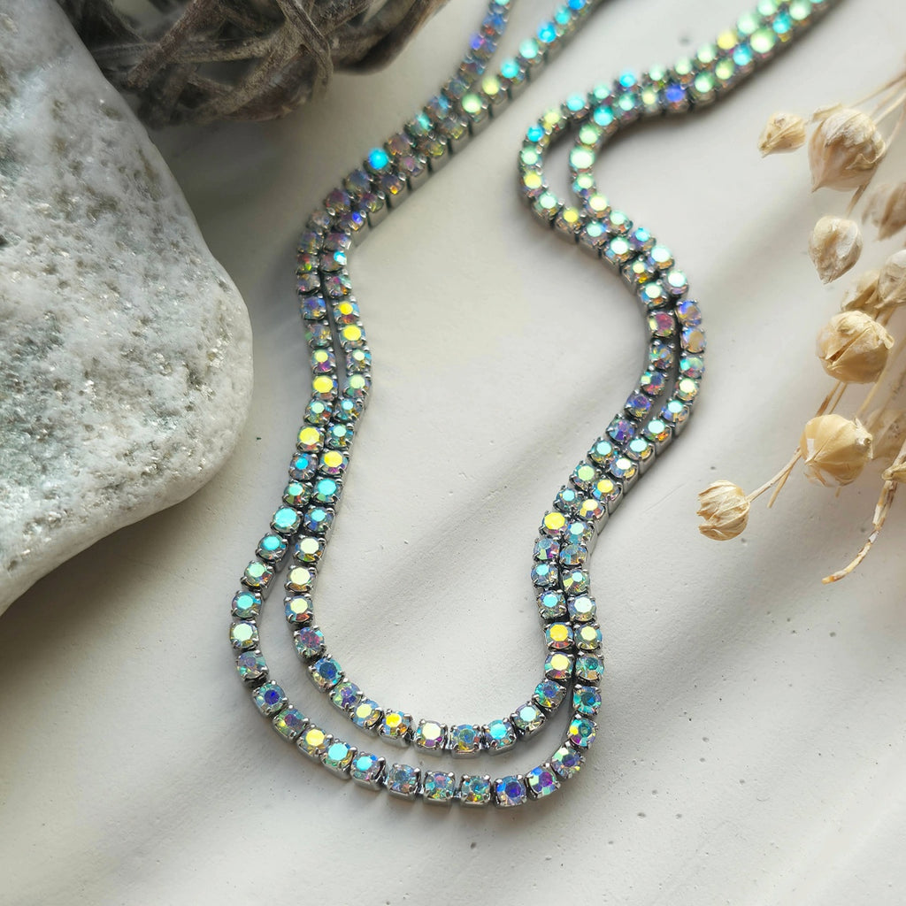 Colier Tennis Inox Argintiu Dublu cu Pietre Cameleon Aurora Borealis - Glamour - Hipoalergenic