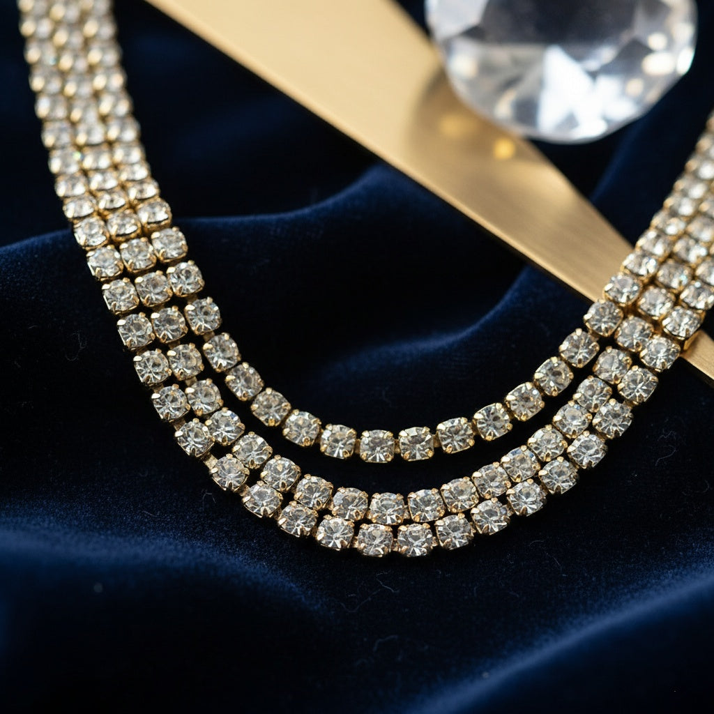 Colier Tennis Inox Auriu Triplu 3×2mm cu Cristale Transparente - Statement - Hipoalergenic