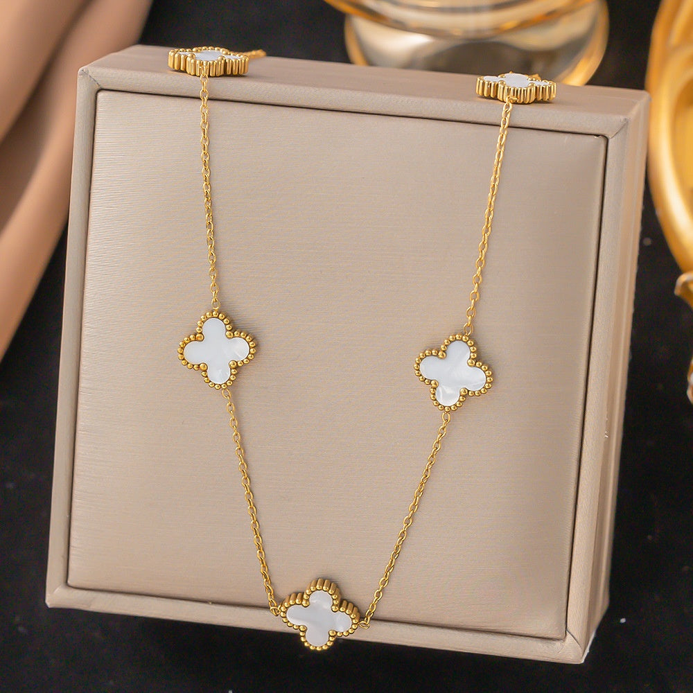 Lănțișor Inox Alhambra Auriu cu Sidef Alb - Elegant - Hipoalergenic