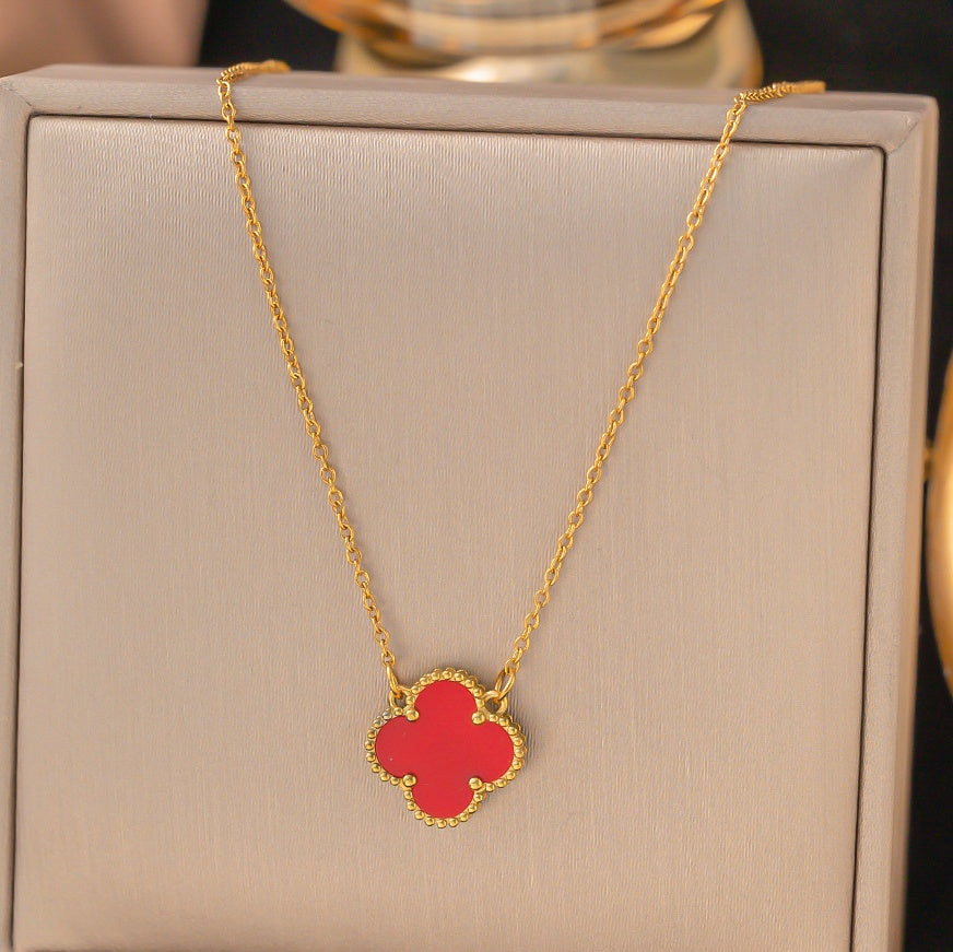 Lănțișor Inox Alhambra Auriu cu Pandantiv Trifoi Roșu - Elegant - Hipoalergenic