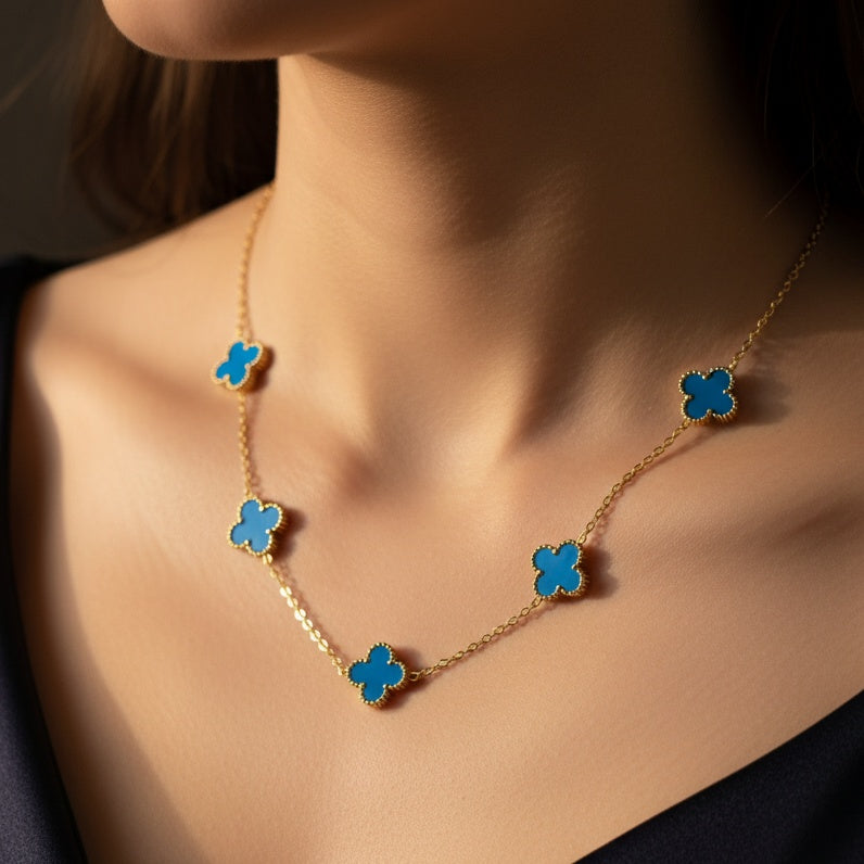 Lănțișor Inox Alhambra Auriu cu Trifoiuri Albastre - Elegant - Hipoalergenic