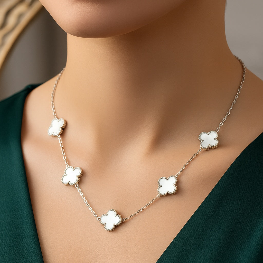 Lănțișor Inox Alhambra Argintiu cu Sidef - Elegant - Hipoalergenic