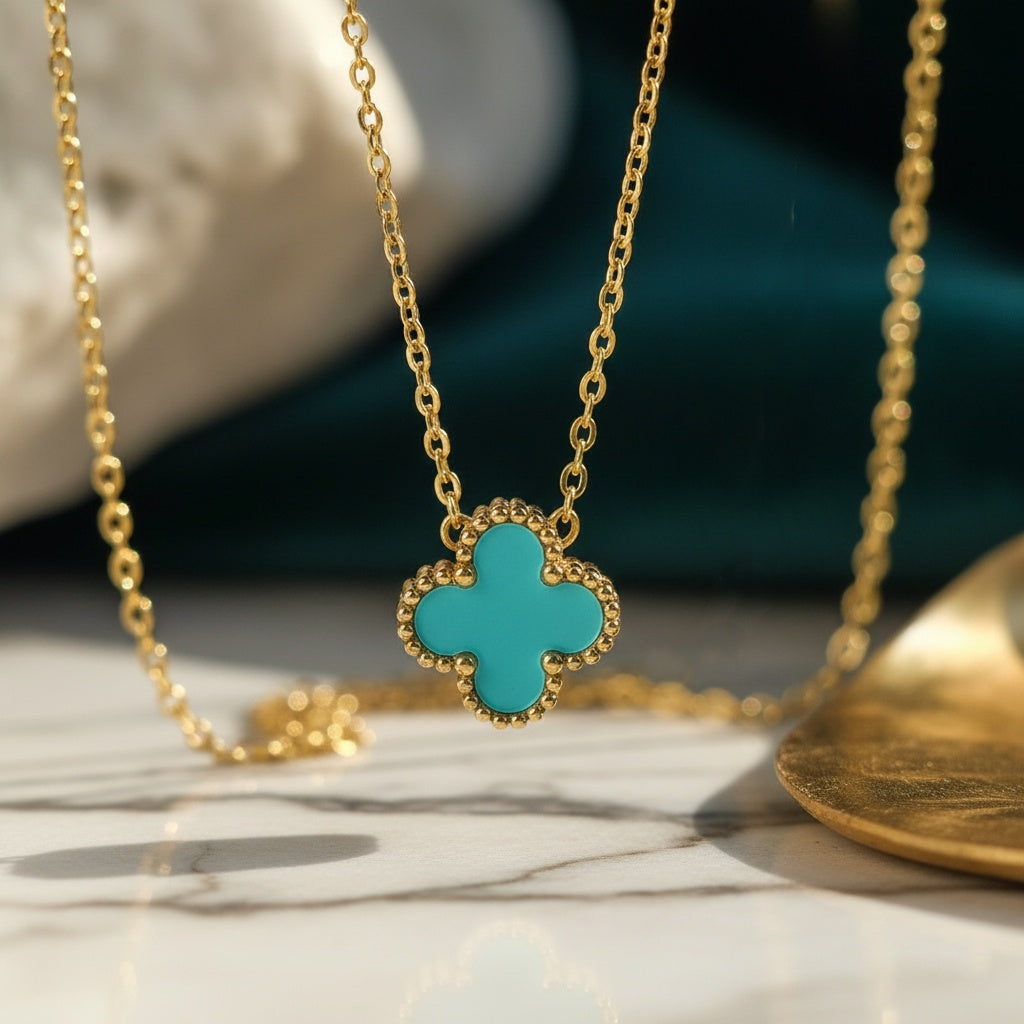 Lănțișor Inox Alhambra Auriu cu Pandantiv Turcoaz - Elegant-Colorat - Hipoalergenic