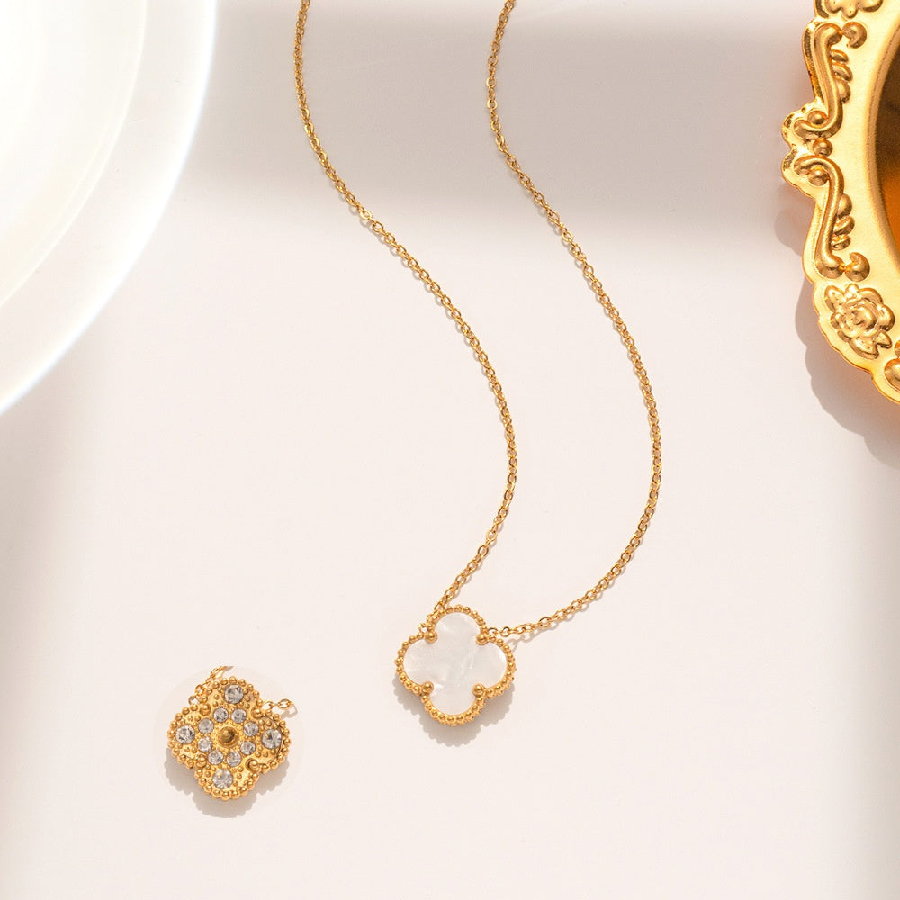 Lănțișor Inox Auriu cu Pandantiv Reversibil Trifoi Sidef și Pavé - Elegant - Hipoalergenic