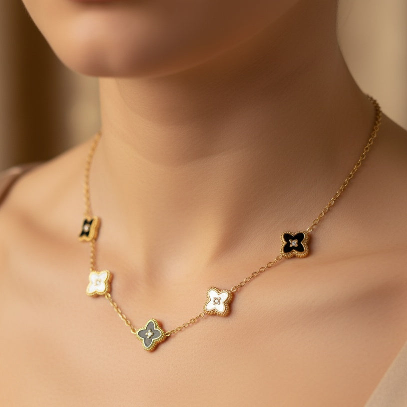 Lănțișor Inox Alhambra Auriu cu Cristale Sidef Negru - Elegant - Hipoalergenic