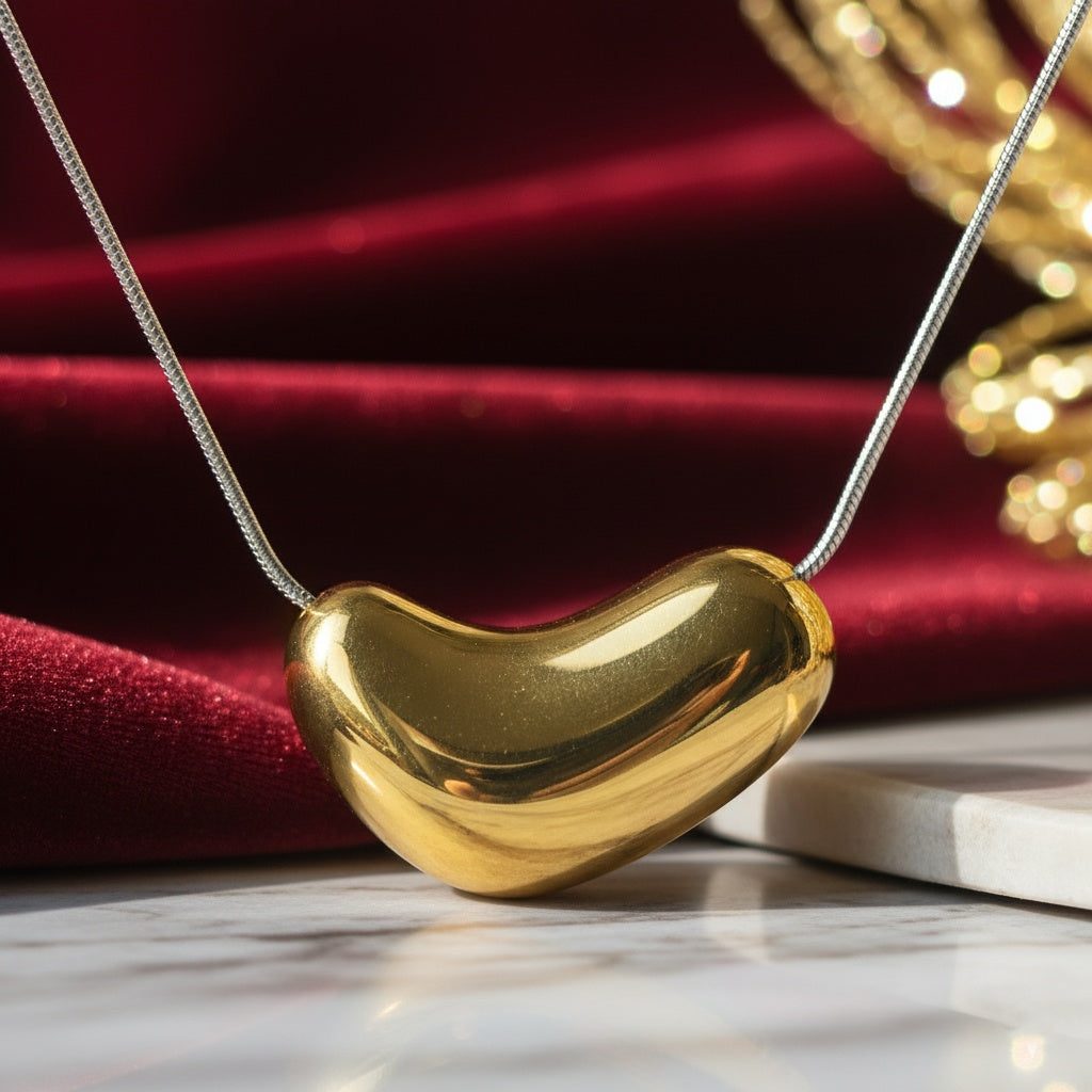 Lănțișor Inox Snake Chain Argintiu cu Pandantiv Bean Auriu - Minimalist - Hipoalergenic