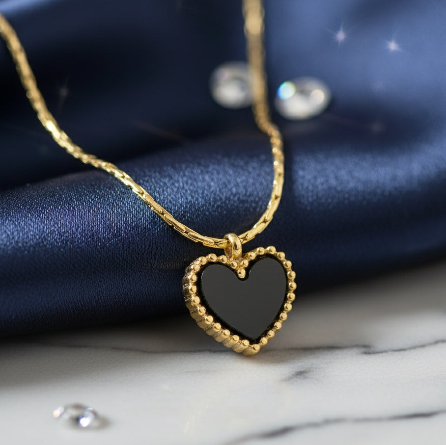 Lănțișor Inox Auriu Bar Link cu Pandantiv Inimă Neagră - Clasic - Hipoalergenic