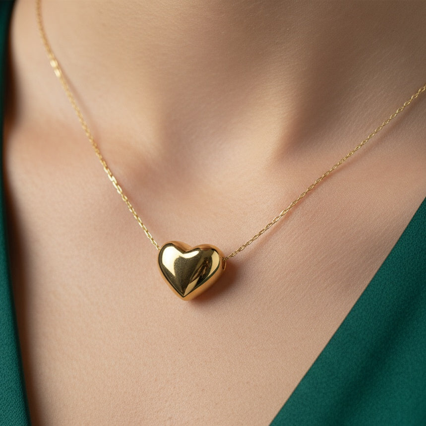 Lănțișor Inox Auriu Cable Chain cu Pandantiv Inimă Puffy - Romantic - Hipoalergenic