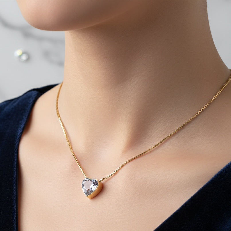 Lănțișor Inox Box Chain Auriu cu Pandantiv Inimă Cristal - Elegant - Hipoalergenic