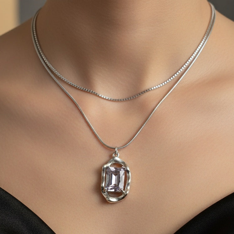 Colier Dublu Inox Argintiu Layered cu Pandantiv Piatră Violet - Boem - Hipoalergenic