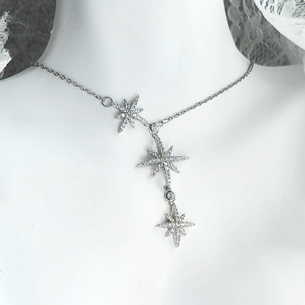 Lănțișor Inox Argintiu Cable Chain cu Pandantiv 3 Stele Pavé - Elegant - Hipoalergenic