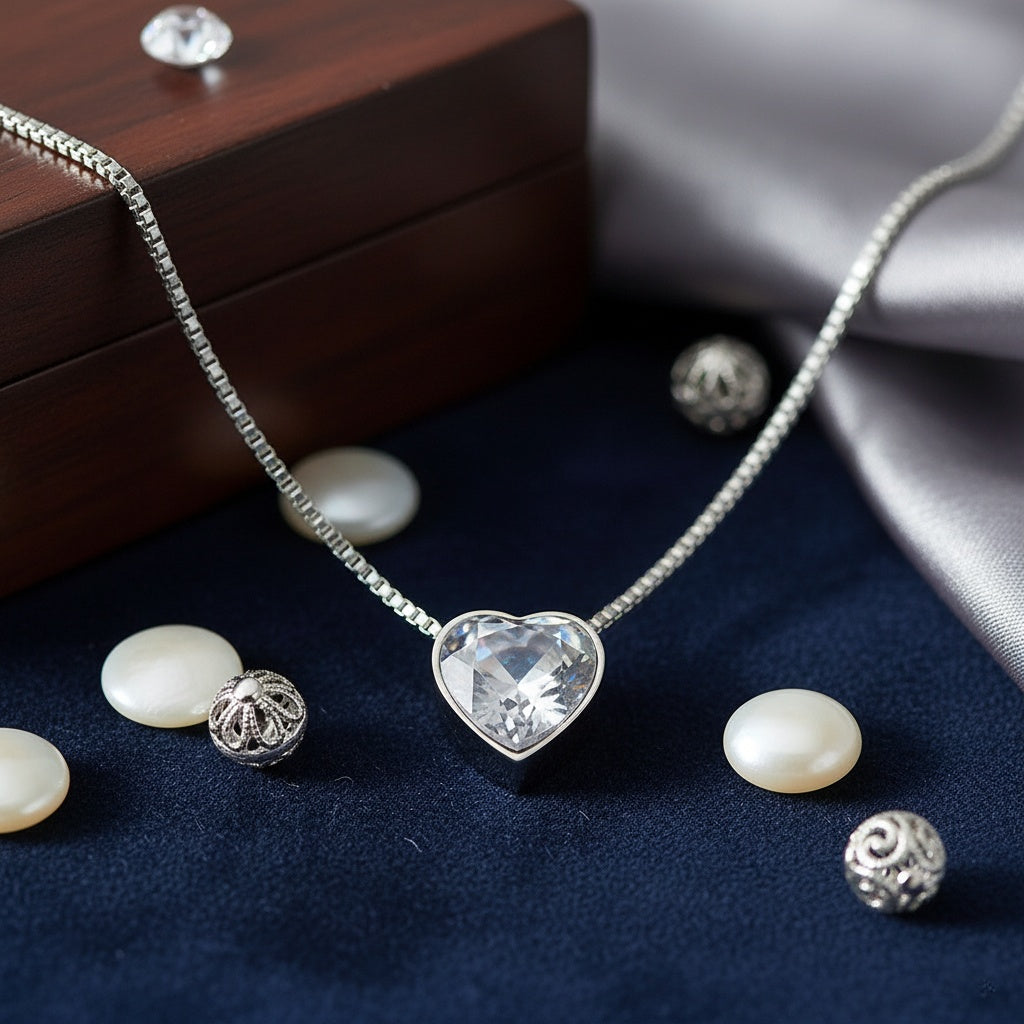 Lănțișor Inox Box Chain Argintiu cu Pandantiv Inimă Cristal - Elegant - Hipoalergenic