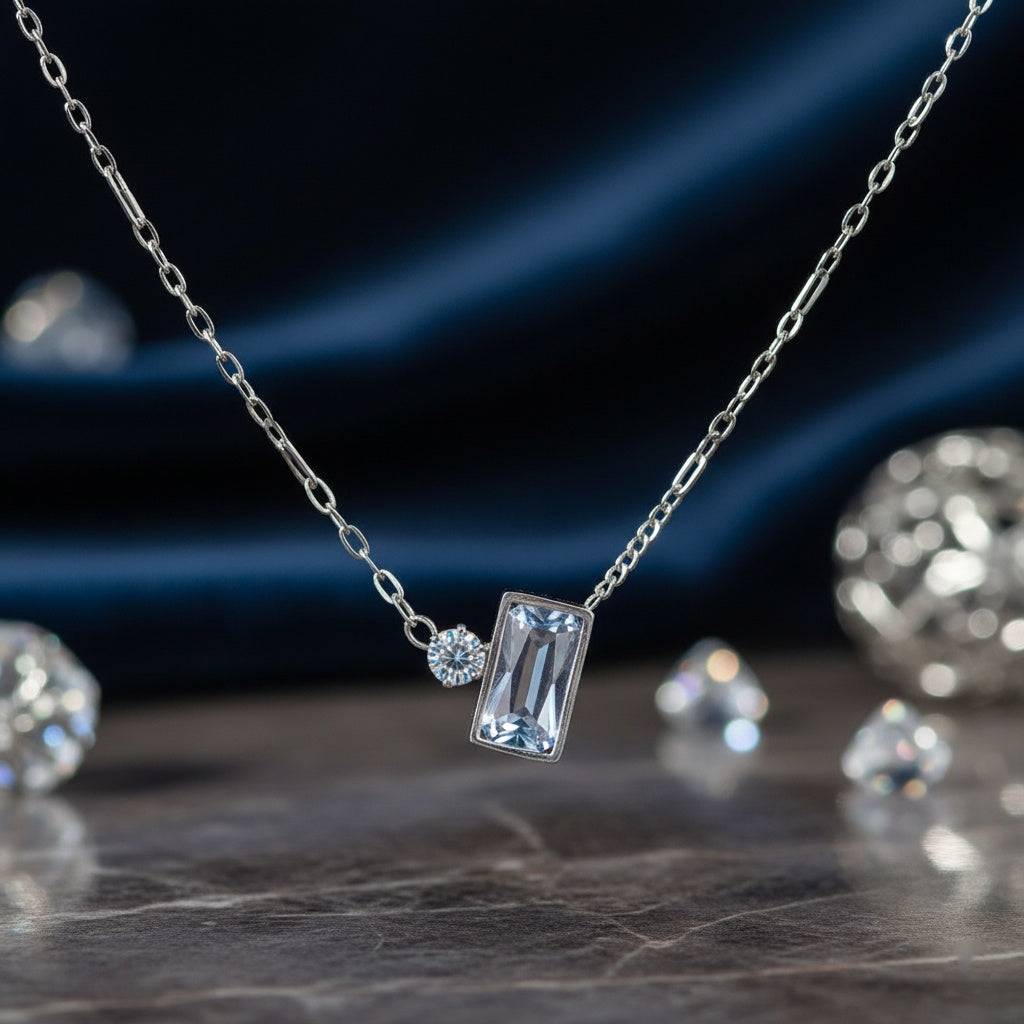 Lănțișor Inox Argintiu Cable Chain cu Pandantiv Piatră Albastră Baguette - Minimalist - Hipoalergenic