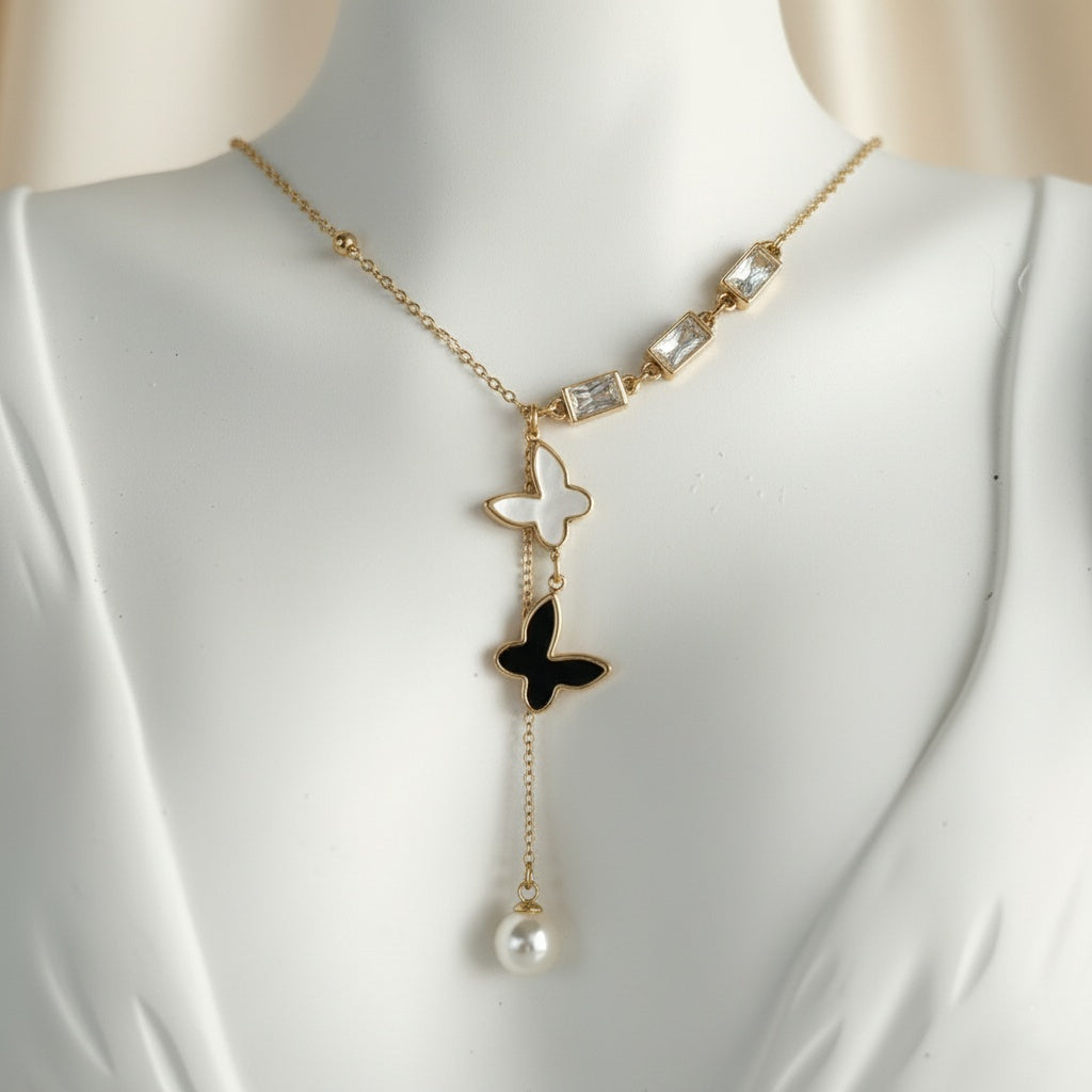 Lănțișor Inox Auriu Satellite Chain cu Pandantiv Y Fluturași și Perlă - Boem - Hipoalergenic