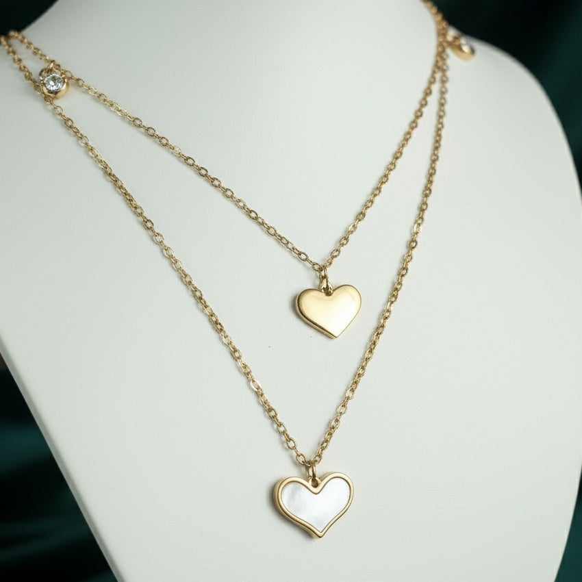 Colier Dublu Inox Auriu Layered cu Pandantiv Inimioare Sidef și Contur - Minimalist - Hipoalergenic