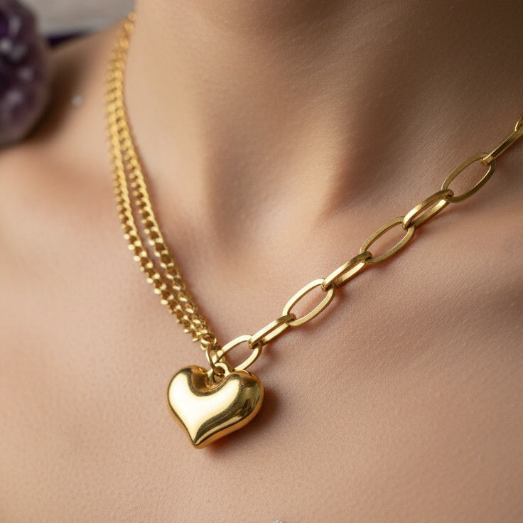 Lănțișor Inox Dublu Auriu cu Pandantiv Inimă - Romantic - Hipoalergenic