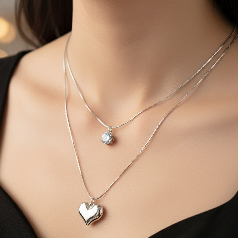 Lănțișor Inox Box Dublu Argintiu cu Pandantiv Cristal și Inimă - Elegant - Hipoalergenic