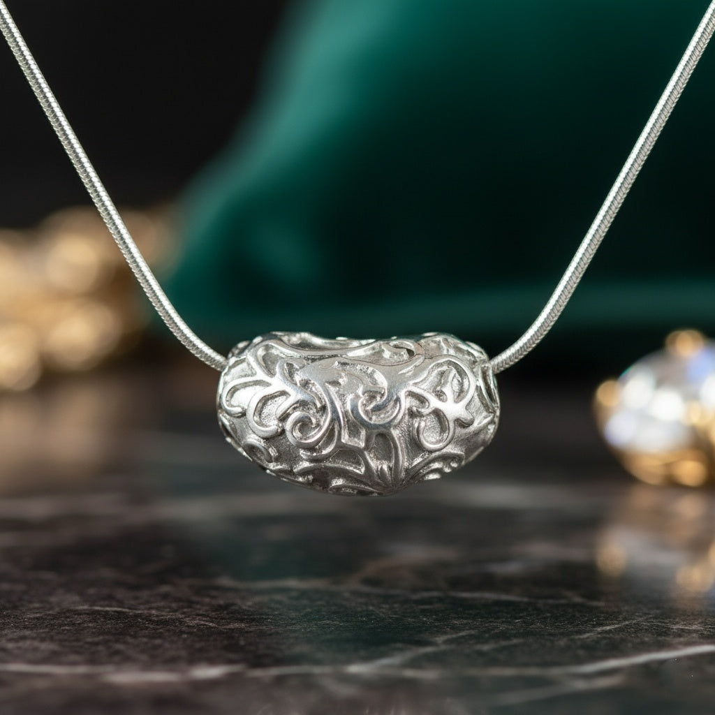 Lănțișor Inox Snake Argintiu cu Pandantiv Filigran Bean - Artizanal - Hipoalergenic