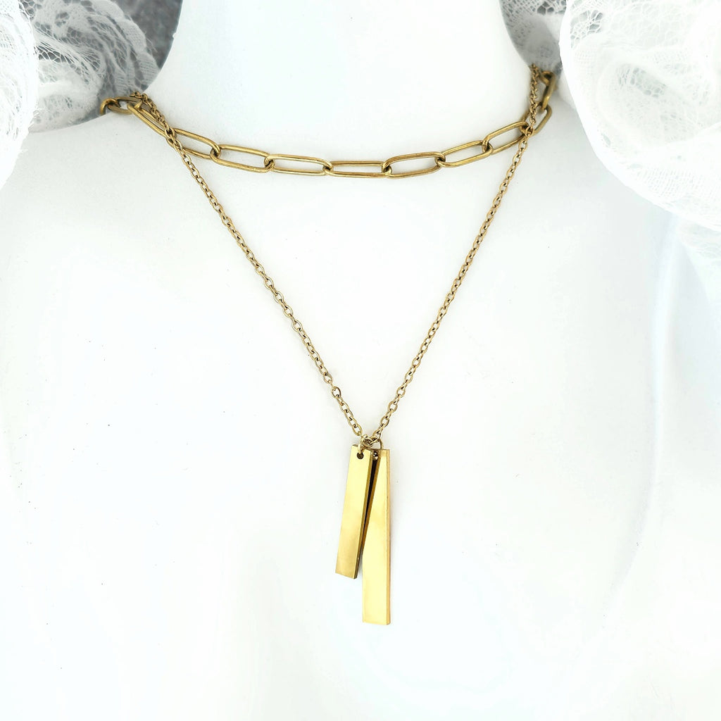 Lănțișor Inox Dublu Auriu cu Pandantiv Plăcuță - Minimalist - Hipoalergenic