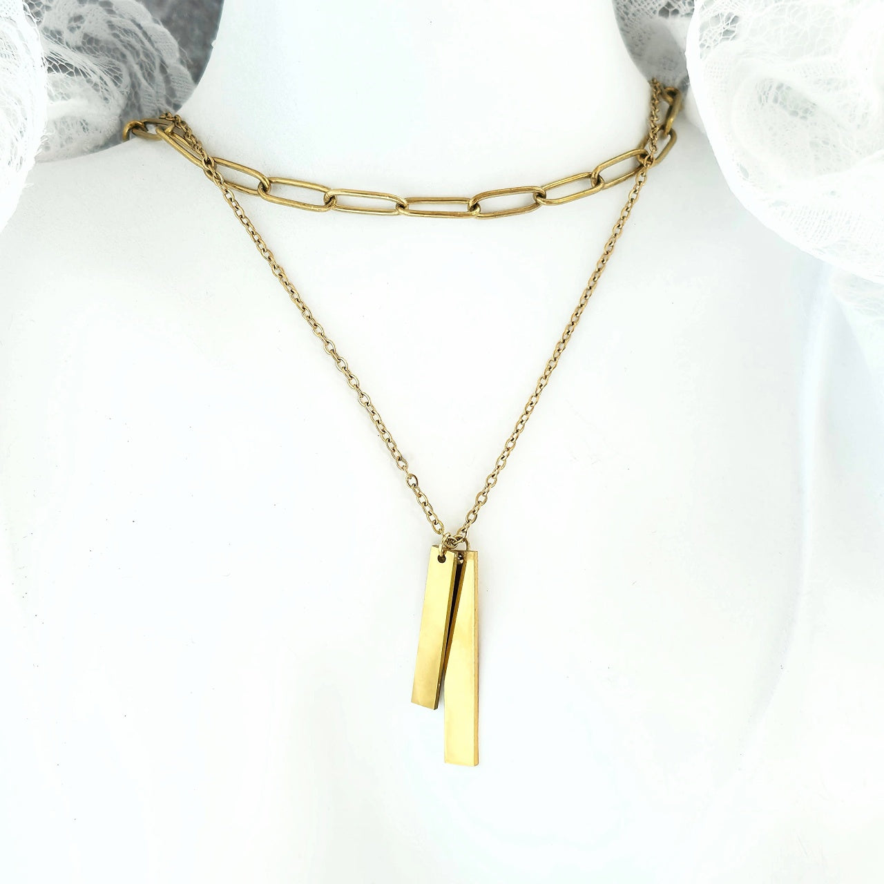 Lănțișor Inox Dublu Auriu cu Pandantiv Plăcuță - Minimalist - Hipoalergenic