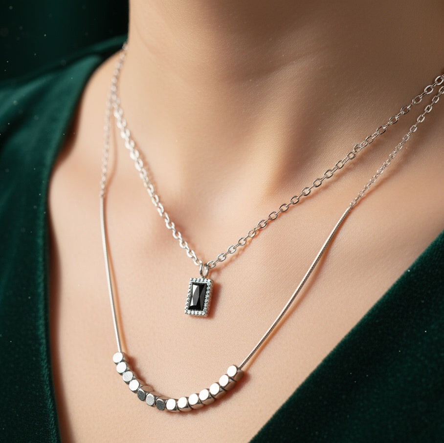 Set Lănțișor Inox Dublu Argintiu cu Pandantiv Negru - Elegant - Hipoalergenic