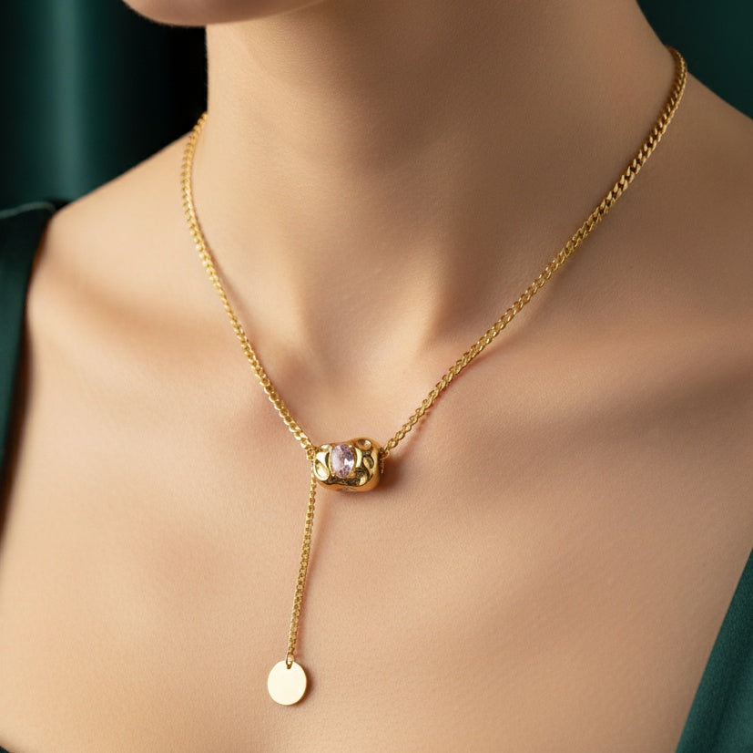 Lănțișor Inox Curb Auriu cu Pandantiv Lariat Mov - Modern - Hipoalergenic