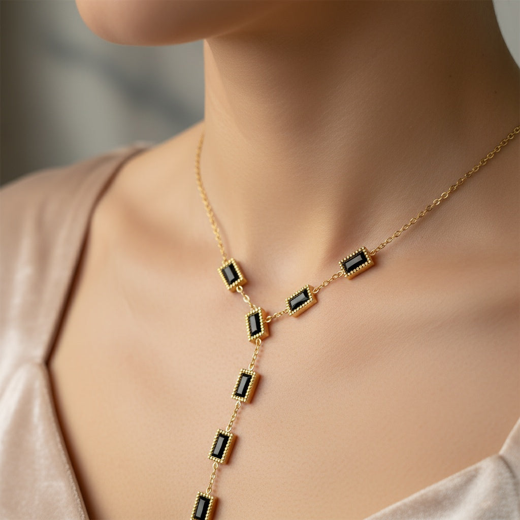 Lănțișor Inox Y-Necklace Auriu cu Pandantiv Onix - Glamour - Hipoalergenic