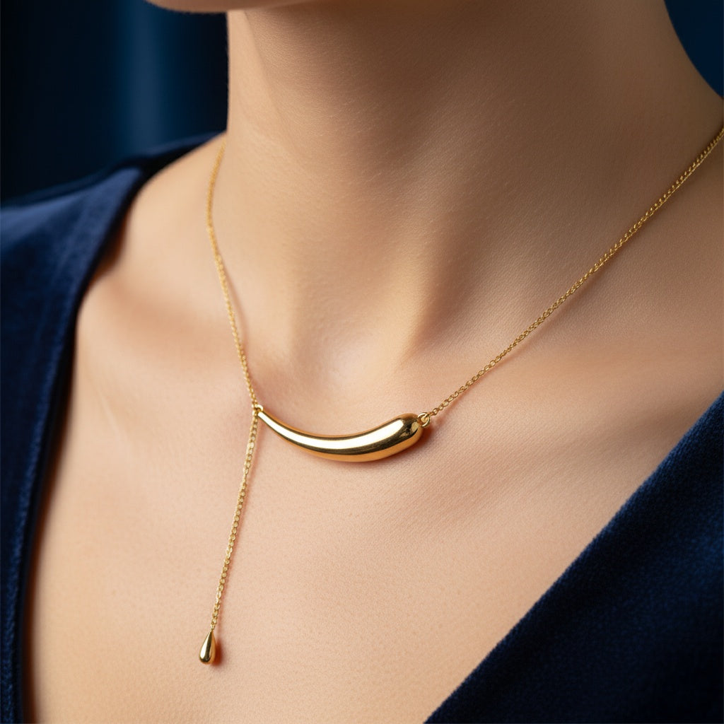 Lănțișor Inox Cable Auriu cu Bar Curbat și Picătură - Minimalist - Hipoalergenic
