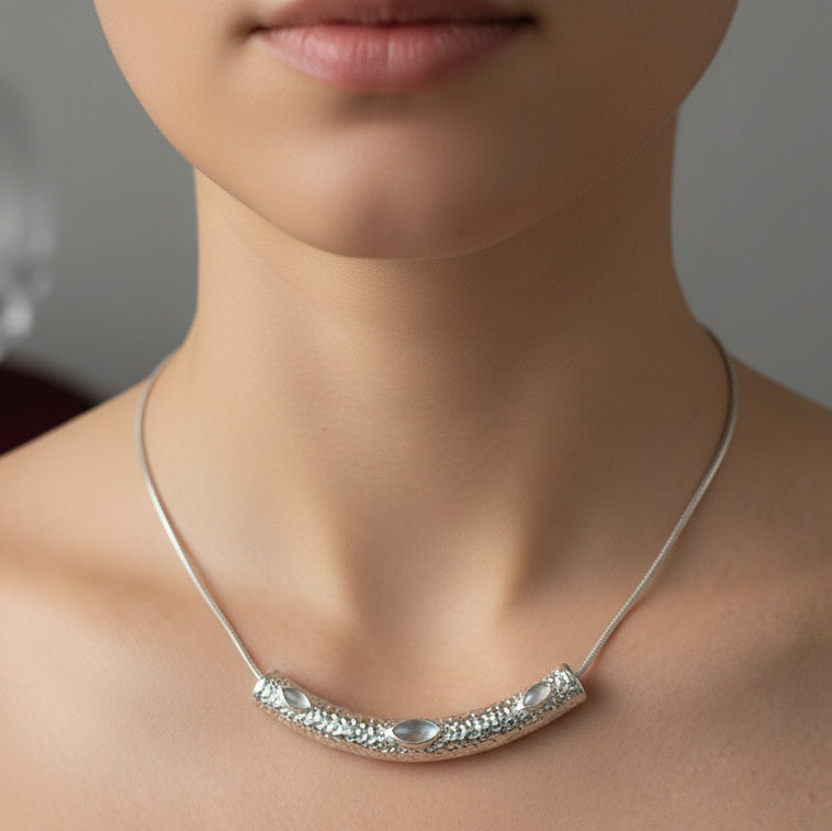 Lănțișor Inox Snake Argintiu cu Pandantiv Moonstone - Boho - Hipoalergenic