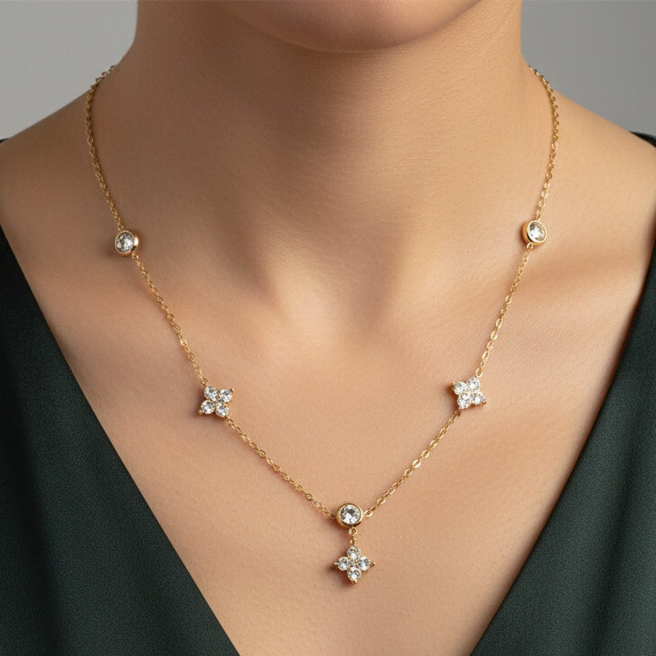 Lănțișor Inox Cable Auriu cu Motive Florale Cristale - Romantic - Hipoalergenic