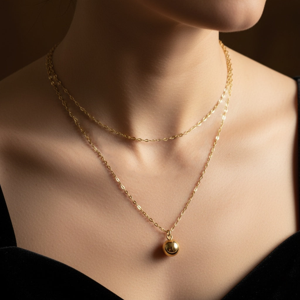 Set Lănțișor Inox Dublu Auriu cu Pandantiv Bilă - Minimalist - Hipoalergenic