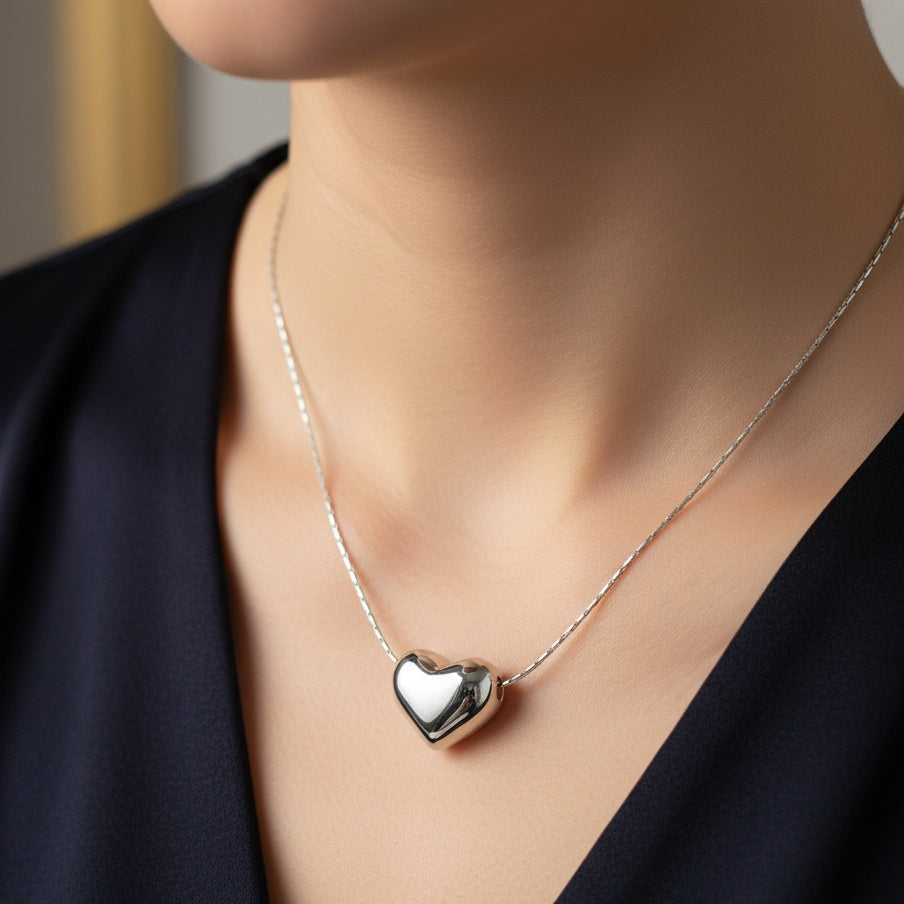 Lănțișor Inox Snake Argintiu cu Pandantiv Inimă Puffed - Romantic - Hipoalergenic