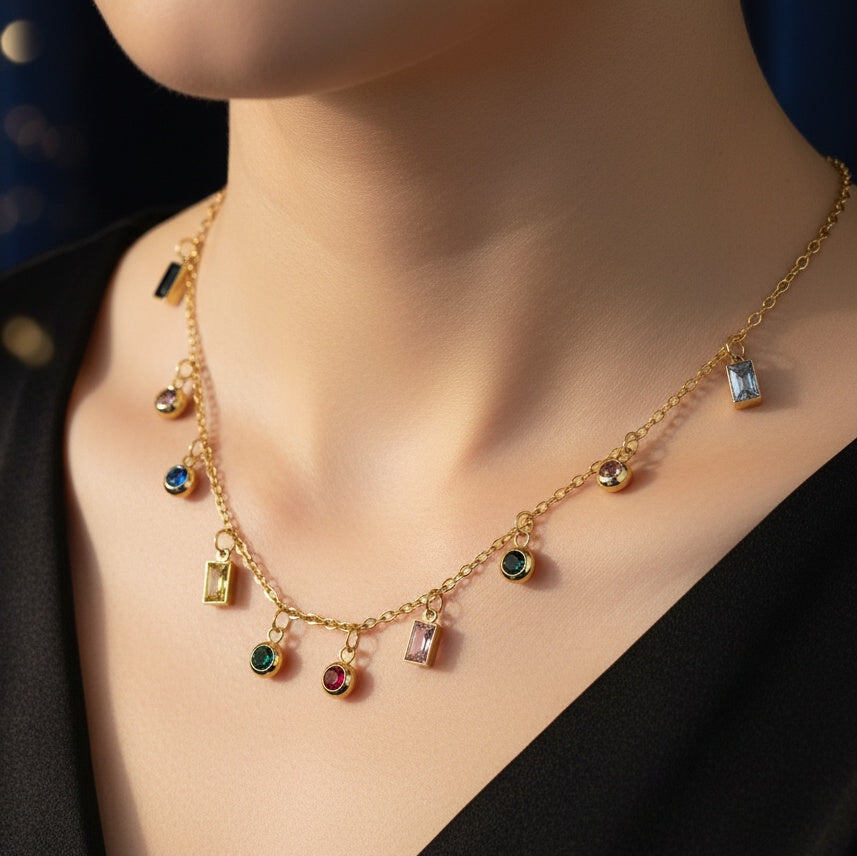 Lănțișor Inox Cable Auriu cu Charm-uri Pietre Multicolore - Statement - Hipoalergenic
