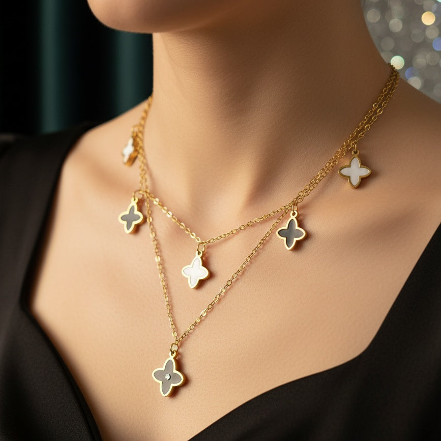 Lănțișor Inox Dublu Auriu cu Pandantiv Trifoi - Elegant - Hipoalergenic