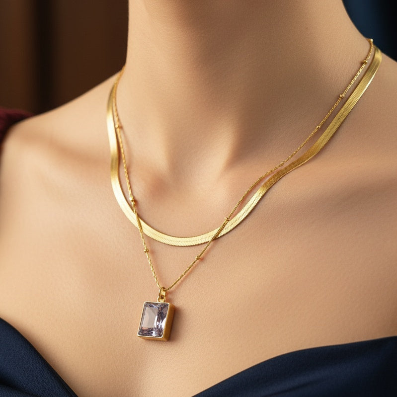 Lănțișor Inox Dublu Herringbone Auriu cu Pandantiv Piatră Lavandă - Elegant - Hipoalergenic