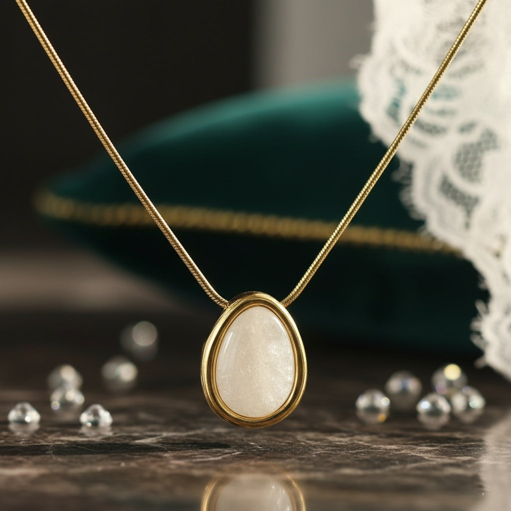 Lănțișor Inox Snake Auriu cu Pandantiv Piatră Teardrop - Minimalist-Elegant - Hipoalergenic