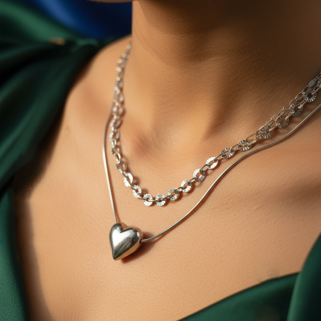 Lănțișor Inox Dublu Argintiu cu Pandantiv Inimă Puffed - Romantic-Trendy - Hipoalergenic