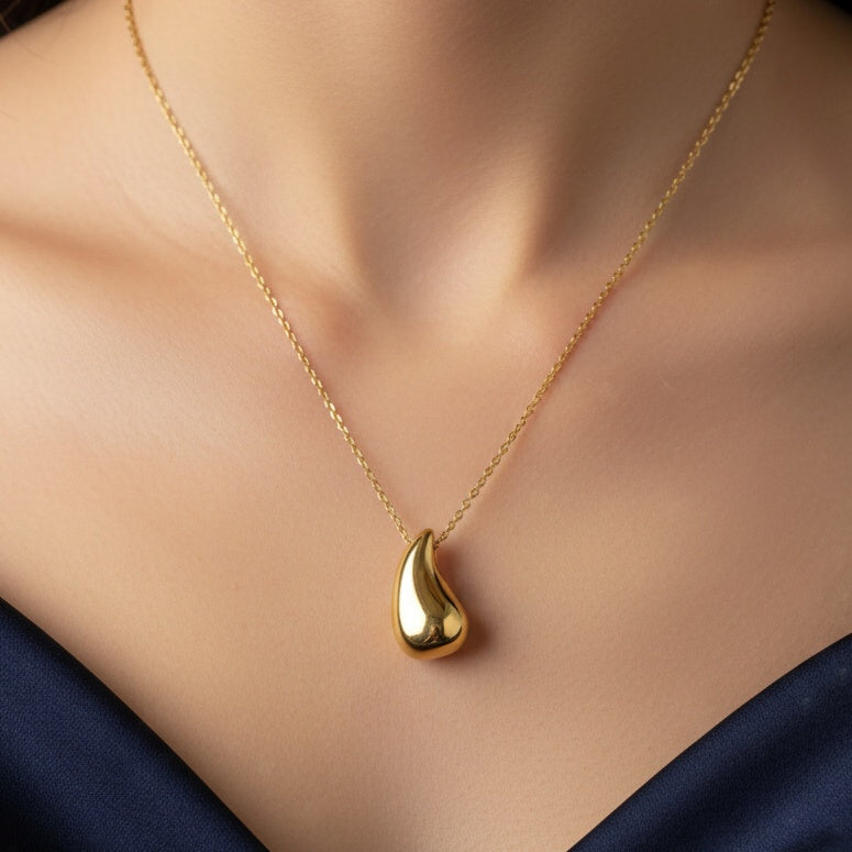 Lănțișor Inox Cable Auriu cu Pandantiv Picătură Puffed - Stil Bottega - Hipoalergenic