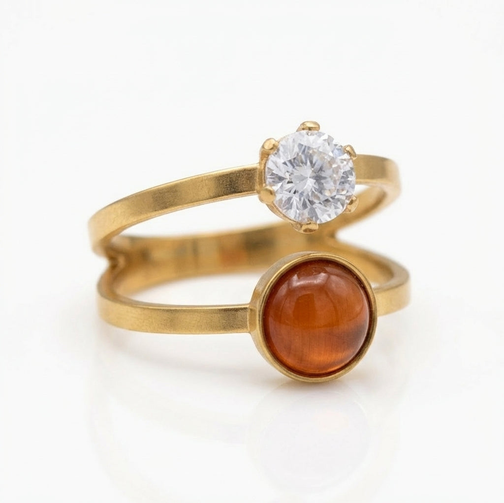 Inel dublu zirconiu rotund Oțel Inoxidabil Auriu - Hipoalergenic