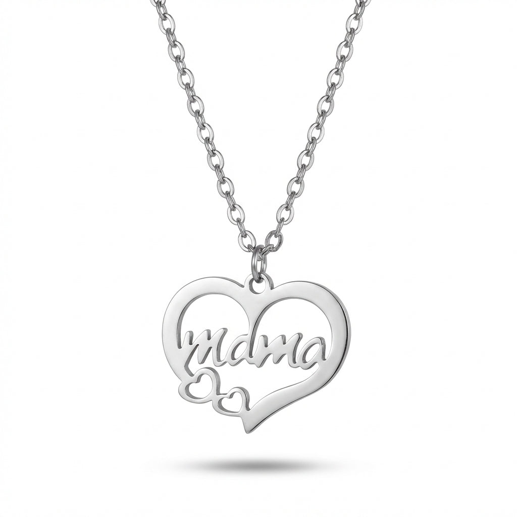 Lănțișor Inox cu Pandantiv Inimă Mama Argintiu - Romantic