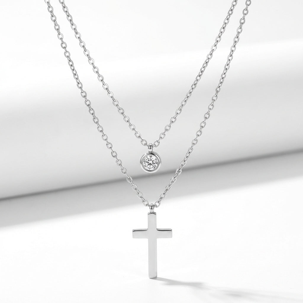 Lănțișor Inox Dublu Layered cu Cristal și Cruce Argintiu - Statement
