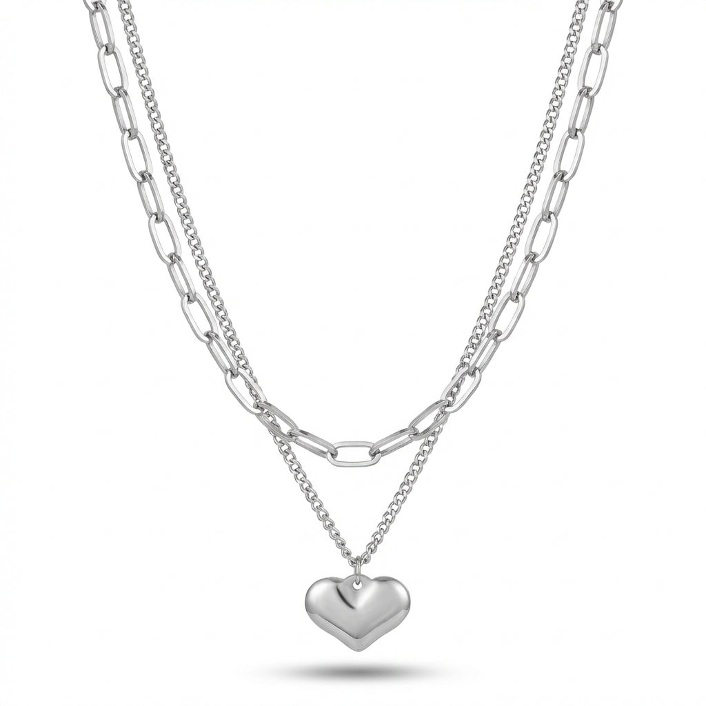 Lănțișor Inox Layered Triplu Argintiu cu Pandantiv Inimă 3D - Romantic – detaliu