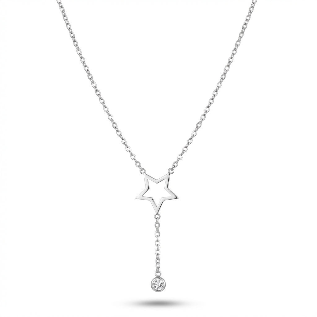 Lănțișor Inox Cable Argintiu cu Pandantiv Stea și Cristal Lariat - Minimalist