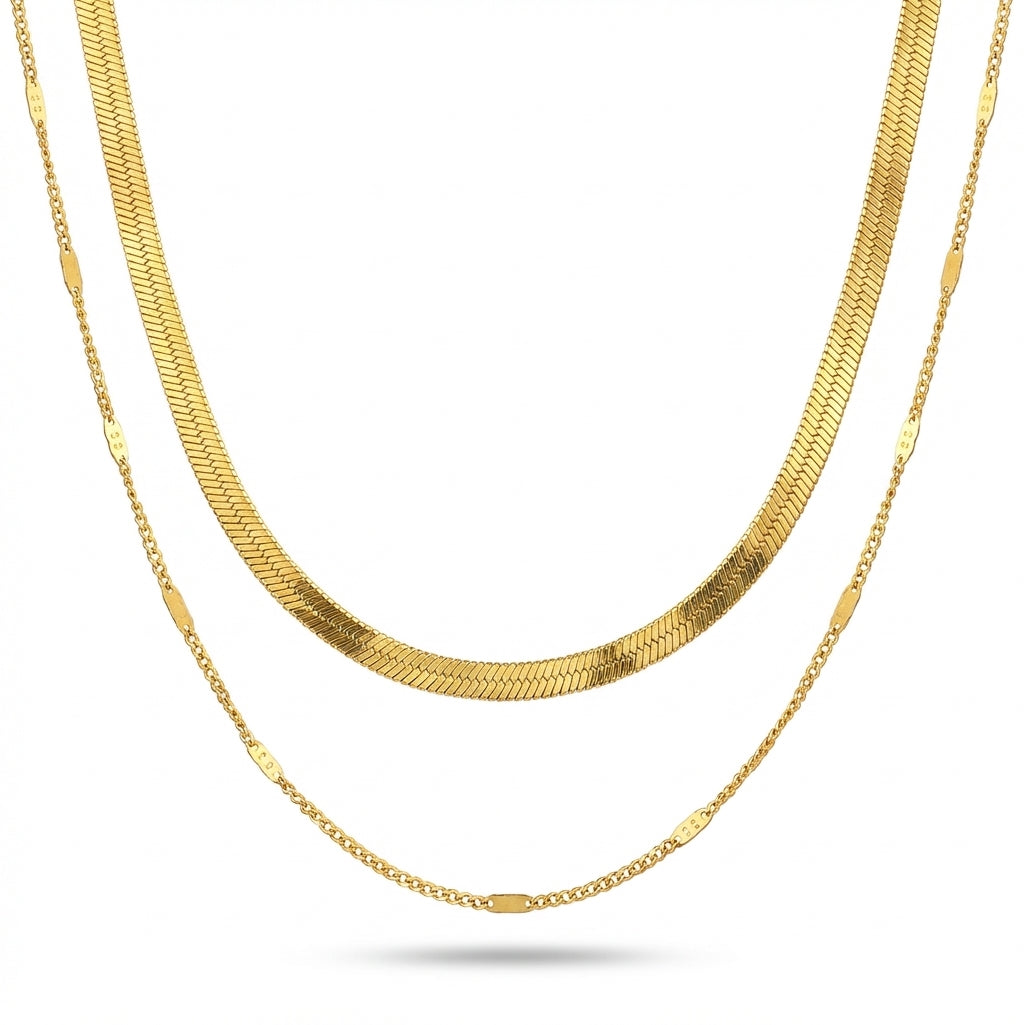 Lănțișor Inox Set Triplu Auriu Herringbone+Cable+Curb Layered - Minimalist