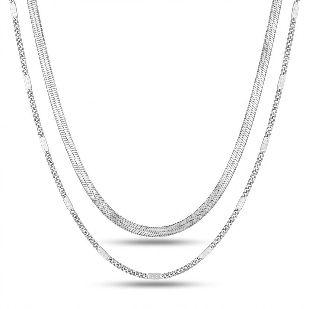 Lănțișor Inox Set Triplu Auriu Snake+Figaro Layered - Minimalist