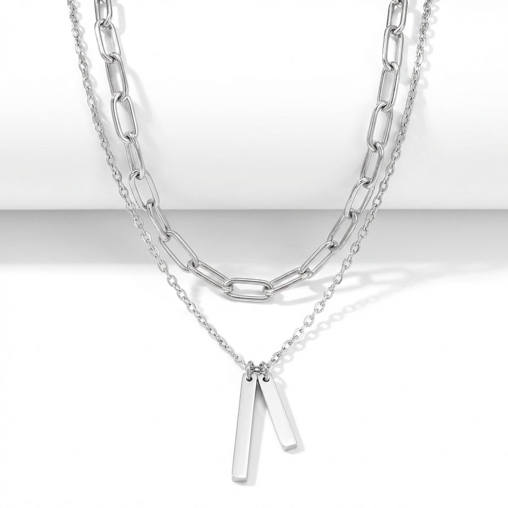 Lănțișor Inox Layered Triplu Argintiu Cable+Paperclip cu Pandantiv Inimă - Romantic
