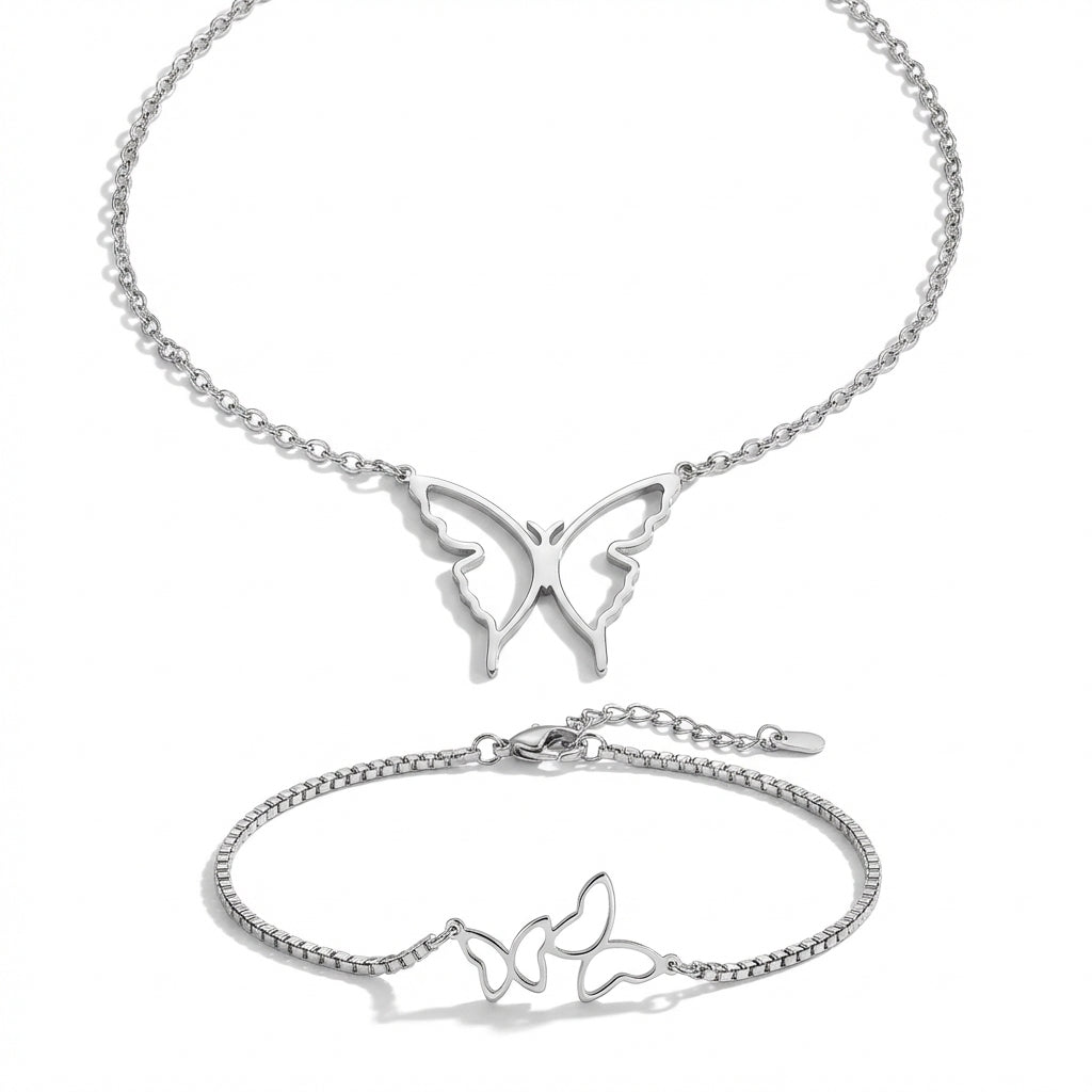 Set Lănțișor Inox și Brățară Cable Argintiu cu Pandantiv Fluture Outline - Minimalist