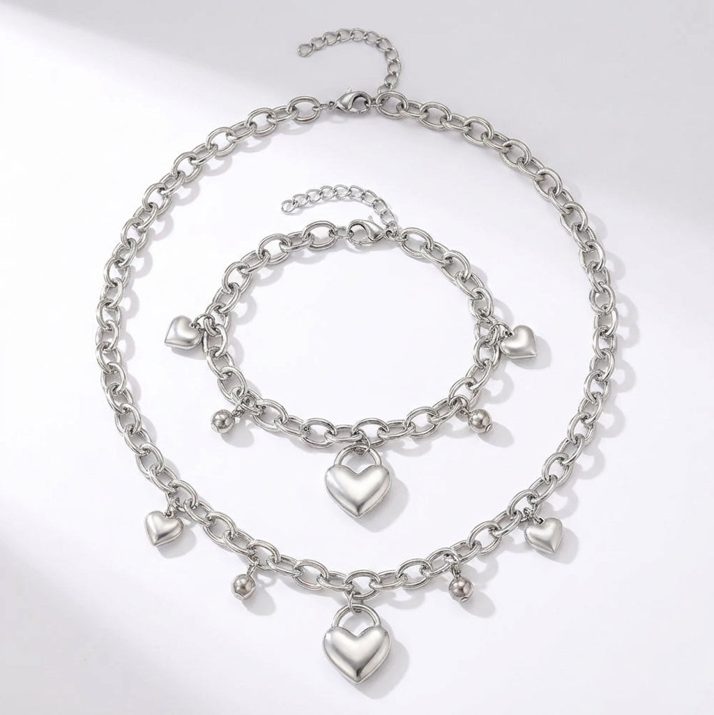 Lănțișor Inox Choker Rollo Argintiu cu Multiple Inimi Puffed - Statement Romantic