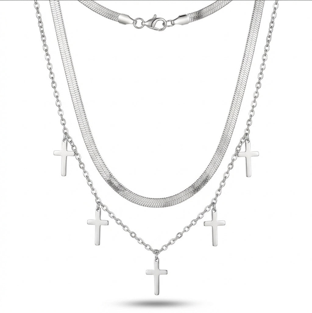 Set 2 Lănțișoare Inox Dublu Layered Argintiu cu Pandantive Cruci - Statement Boho Religios